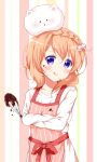  1girl :q animal animal_on_head apron blonde_hair blush bunny_on_head chocolate chocolate_on_face collarbone crossed_arms deyui food food_on_face gochuumon_wa_usagi_desu_ka? hair_between_eyes hair_bobbles hair_ornament highres holding hoto_cocoa long_hair looking_at_viewer on_head pink_apron rabbit red_ribbon ribbon shiny shiny_hair shirt solo striped striped_background tippy_(gochiusa) tongue tongue_out upper_body vertical-striped_apron violet_eyes white_shirt 