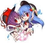  2girls arm_up ass ball bare_legs barefoot beachball bikini black_bikini black_hat blue_hair blush bow breasts chibi eyebrows_visible_through_hair flower food frilled_shawl frills from_behind fruit grey_footwear groin hair_between_eyes hair_flower hair_ornament hand_up hat hat_bow hinanawi_tenshi holding holding_ball innertube jumping leaf looking_at_viewer looking_back medium_breasts multiple_girls nagae_iku navel necktie neropaso open_mouth palms_together peach purple_hair red_bow red_eyes red_flower red_neckwear sandals shawl short_hair side-tie_bikini simple_background stomach striped swimsuit thighs touhou vertical-striped_bikini vertical_stripes water_drop white_background 