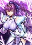  1girl bangs bare_shoulders breasts cleavage commentary_request cowboy_shot dress elbow_gloves eyebrows_visible_through_hair fate/grand_order fate_(series) fur_trim gloves large_breasts leaning_forward long_hair looking_at_viewer okitakung parted_lips ponytail purple_dress purple_gloves purple_hair red_eyes scathach_(fate)_(all) scathach_(fate/grand_order) scathach_skadi_(fate/grand_order) solo thigh-highs tiara very_long_hair 