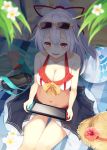  1girl bag ball bare_arms bare_shoulders beachball bikini blurry_foreground blush bow breasts cleavage collarbone commentary_request eyewear_on_head fate/grand_order fate_(series) feet_out_of_frame flower from_above gluteal_fold hair_between_eyes hair_ribbon handheld_game_console hat highres holding igakusei innertube large_breasts looking_at_viewer looking_up navel nintendo_3ds nintendo_switch open_mouth playstation_vita ponytail red_eyes red_ribbon revision ribbon sarong see-through shadow silver_hair sitting smile solo stomach sun_hat sunglasses sweat swimsuit tablet_pc thighs tomoe_gozen_(fate/grand_order) umbrella white_bikini white_flower yellow-framed_eyewear yellow_bow 