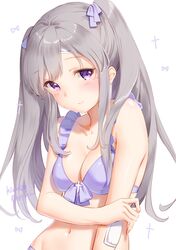  1girl artist_name bandaid bandaid_on_elbow bandaid_on_forehead bangs bare_shoulders bikini blush bow breasts cleavage closed_mouth collarbone eyebrows_visible_through_hair eyelashes frilled_bikini frills front-tie_bikini front-tie_top grey_hair groin hair_bow highres idolmaster idolmaster_shiny_colors long_hair looking_at_viewer medium_breasts navel purple_bikini purple_bow shiratama_akane sidelocks silver_hair simple_background solo stomach swimsuit twintails violet_eyes white_background yuukoku_kiriko 