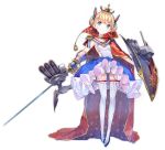  1girl armpits azur_lane bangs blonde_hair blue_eyes blunt_bangs breasts cannon cape collar epaulettes eyebrows_visible_through_hair fleur_de_lis french_flag full_body garters gauntlets gloves hair_ornament head_tilt headgear high_heels holding holding_weapon le_triomphant_(azur_lane) looking_at_viewer machinery metal_gloves official_art pleated_skirt shield short_hair sidelocks skirt small_breasts smile solo standing striped striped_legwear sword tassel thigh-highs torpedo transparent_background turret unsheathed vertical-striped_legwear vertical_stripes weapon yuugen 