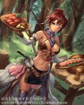  1girl armor bikini_armor bow_(weapon) breasts copyright_name cuboon food green_eyes jewelry large_breasts lost_crusade meat navel necklace official_art one_eye_closed redhead sauce short_hair smile solo weapon 