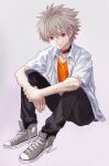  1boy absurdres choker grey_hair highres looking_at_viewer male_focus nagisa_kaworu neon_genesis_evangelion open_clothes open_shirt pants red_eyes school_uniform shiren_(ourboy83) shirt shoes short_hair simple_background sitting smile sneakers solo white_hair 