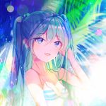 1girl :d blue_eyes blue_hair breasts cleavage collarbone earrings eyebrows_visible_through_hair hair_between_eyes hand_in_hair hatsune_miku heart heart_earrings jewelry long_hair looking_at_viewer nmi_(pixiv22137230) open_mouth shiny shiny_hair small_breasts smile solo striped_bikini_top twintails upper_body very_long_hair vocaloid 