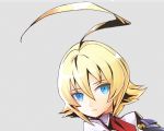  1girl ahoge blazblue blonde_hair blue_eyes closed_mouth collared_shirt commentary english_commentary es_(xblaze) grey_background hair_between_eyes huge_ahoge jiffic looking_at_viewer necktie red_neckwear shirt short_hair simple_background solo white_shirt wing_collar xblaze 