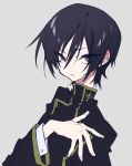  1boy bangs black_jacket code_geass eyebrows_visible_through_hair eyes_visible_through_hair fingernails grey_background hair_between_eyes hand_up highres jacket lelouch_lamperouge long_sleeves looking_at_viewer male_focus mochizuki_kei purple_hair simple_background solo upper_body violet_eyes 