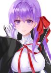  1girl absurdres adjusting_hair bb_(fate/extra_ccc) breasts fate/grand_order fate_(series) gloves hair_ribbon highres kinokoko large_breasts light_blush long_hair looking_at_viewer purple_hair red_ribbon ribbon smile solo violet_eyes white_gloves 