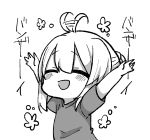  1girl :d \o/ ^_^ afterimage ahoge ahoge_wag arms_up bangs blush braid closed_eyes commentary_request copyright_request expressive_hair eyebrows_visible_through_hair facing_viewer greyscale hair_between_eyes hair_bun highres jako_(jakoo21) monochrome open_mouth outstretched_arms shirt short_sleeves sidelocks simple_background smile solo translation_request white_background 