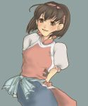  1girl arms_behind_back breasts brown_eyes brown_hair commentary_request gensou_suikoden gensou_suikoden_ii hairband nanami_(suikoden) shirt short_hair smile solo 