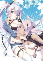  2girls azur_lane bare_shoulders bikini bikini_under_clothes black_bikini black_gloves blue_eyes blue_shorts blush breasts cleavage closed_mouth dark_skin eyebrows_visible_through_hair eyes_visible_through_hair facial_mark garter_straps gloves groin heart heart-shaped_pupils indianapolis_(azur_lane) itoichi. long_hair medium_breasts multiple_girls open_fly partly_fingerless_gloves portland_(azur_lane) purple_hair remodel_(azur_lane) short_shorts shorts side_ponytail silver_hair sleeves_past_elbows smile star star_print swimsuit symbol-shaped_pupils thigh-highs thigh_strap white_legwear 