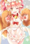  1girl animal_ears apron bell bell_collar blush breasts cat_hair_ornament cat_paws cleavage collar fangs fate/grand_order fate_(series) fox_ears fox_tail gloves hair_ornament hair_ribbon heart heart-shaped_pupils highres jingle_bell large_breasts long_hair looking_at_viewer maid_headdress naked_apron one_eye_closed open_mouth paw_gloves paws pink_hair ponytail red_ribbon ribbon solo symbol-shaped_pupils tail tamamo_(fate)_(all) tamamo_cat_(fate) wagahaihapan yellow_eyes 
