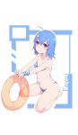  1girl ahoge bangs bare_legs bare_shoulders barefoot bikini blue_hair blush closed_mouth collarbone commentary_request copyright_request eyebrows_visible_through_hair hair_between_eyes highres innertube long_hair looking_at_viewer meng_ge_3_(565571710) orange_innertube smile solo striped striped_bikini swimsuit transparent violet_eyes 