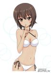  1girl bangs bikini breasts brown_eyes brown_hair circle commentary cowboy_shot criss-cross_halter dated eyebrows_visible_through_hair finger_to_mouth flipper girls_und_panzer gluteal_fold halterneck looking_at_viewer medium_breasts navel nishizumi_maho parted_lips short_hair shushing side-tie_bikini solo standing swimsuit tan twitter_username white_background white_bikini 