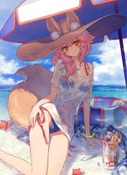  1girl animal_ears beach_umbrella bikini blue_bikini blush breasts chocoan cleavage collarbone day ears_through_headwear fang fate/grand_order fate_(series) fox_ears fox_tail hat in_water innertube large_breasts long_hair looking_at_viewer ocean outdoors parasol pink_hair shirt side-tie_bikini sitting solo straw_hat swimsuit tail tamamo_(fate)_(all) tamamo_no_mae_(swimsuit_lancer)_(fate) umbrella wet wet_clothes wet_shirt wet_t-shirt yellow_eyes 