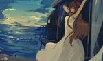  1girl armpits blue_sky brown_eyes brown_hair clouds cloudy_sky dress hands_up head_scarf horizon lansane long_dress looking_at_viewer ocean original outdoors signature sky smile solo standing sunset tsana_(lansane) water white_dress 