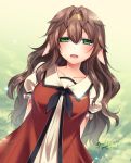  1girl :d black_neckwear blush brown_hair commentary_request dated dress ears_down forest_of_pixiv green_eyes hair_between_eyes hair_intakes hairband head_tilt konshin long_hair looking_at_viewer neckerchief open_mouth puffy_short_sleeves puffy_sleeves red_dress short_sleeves signature smile solo 