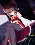 1girl ascot bangs bare_shoulders black_legwear blush bow brown_eyes brown_hair closed_mouth ddt_(darktrident) detached_sleeves dutch_angle eyebrows_visible_through_hair frilled_skirt frills hair_bow hair_tubes hakurei_reimu highres legs_crossed long_hair looking_at_viewer pantyhose red_bow red_skirt red_vest ribbon-trimmed_sleeves ribbon_trim sitting skirt skirt_set sliding_doors solo touhou vest wide_sleeves yellow_neckwear 