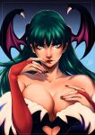  1girl absurdres bangs bat_wings black_nails blue_background breasts bridal_gauntlets cleavage collarbone demon_girl finger_to_mouth green_eyes green_hair hand_on_own_chest head_wings heart_cutout highres large_breasts leotard long_hair looking_at_viewer morrigan_aensland nail_polish purple_wings red_lips signature stefania_macera succubus vampire_(game) wings 