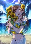  1girl ;d artist_name bare_shoulders bikini bikini_under_clothes blue_bikini blush breasts brown_eyes brown_hair cleavage collarbone commentary_request cowboy_shot day earrings eyebrows_visible_through_hair flower gen_(enji) hair_flower hair_ornament highres holding holding_flower idolmaster idolmaster_cinderella_girls jewelry lemon_print long_hair medium_breasts nail_polish navel necklace nitta_minami ocean one_eye_closed open_fly open_mouth outdoors pants smile solo sun sunflower sunflower_hair_ornament swimsuit visor_cap 