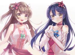  2girls bangs blue_hair bokutachi_wa_hitotsu_no_hikari choker commentary_request dress elbow_gloves flower gloves grey_hair hair_between_eyes hair_flower hair_ornament jewelry long_hair looking_at_viewer love_live! love_live!_school_idol_project minami_kotori motokonut multiple_girls one_side_up open_mouth smile sonoda_umi yellow_eyes 