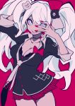  1girl :d bangs big_hair black_choker black_jacket bow bra bra_peek breasts choker cleavage cowboy_shot dangan_ronpa dangan_ronpa_1 enoshima_junko eyebrows_visible_through_hair fingernails hair_bow hair_ornament hand_over_eye hands_up highres jacket large_breasts long_hair looking_at_viewer mochizuki_kei nail_polish necktie open_mouth pleated_skirt red_background red_bra red_nails red_skirt simple_background skirt sleeves_rolled_up smile solo spoilers thigh_gap twintails underwear violet_eyes white_hair 