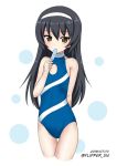  1girl arm_behind_back bangs black_hair blue_swimsuit brown_eyes cleavage_cutout commentary cowboy_shot cropped_legs dated eyebrows_visible_through_hair flat_chest flipper food food_in_mouth girls_und_panzer hairband holding holding_food long_hair looking_at_viewer mouth_hold one-piece_swimsuit popsicle reizei_mako simple_background solo standing swimsuit thigh_gap twitter_username white_background white_hairband 