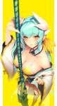  1girl alternate_costume aqua_hair beach bikini blue_bikini bow breasts cleavage collarbone detached_collar dragon_girl dragon_horns eyebrows_visible_through_hair fate/grand_order fate_(series) frilled_bikini frills from_above highres horns japanese_clothes kiyohime_(fate/grand_order) kiyohime_(swimsuit_lancer)_(fate) lifted_by_self lips looking_at_viewer open_mouth ribbon ryuji_(ikeriu) simple_background swimsuit thigh-highs white_legwear wide_sleeves yellow_bikini yellow_bow yellow_eyes yellow_ribbon 