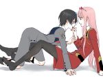  1boy 1girl all_fours bangs black_hair black_legwear blue_eyes blue_horns boots breasts commentary_request couple darling_in_the_franxx eyebrows_visible_through_hair face-to-face facing_another finger_to_mouth forehead-to-forehead green_eyes hair_ornament hairband hetero hiro_(darling_in_the_franxx) horns long_hair long_sleeves looking_at_another medium_breasts military military_uniform necktie no_shoes oni_horns orange_neckwear pantyhose pink_hair red_horns red_neckwear sakuragouti short_hair sitting socks uniform white_footwear white_hairband zero_two_(darling_in_the_franxx) 