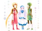  1girl alternate_color blonde_hair bodysuit boots cape commentary_request curly_hair dragon_quest dragon_quest_ii goggles goggles_on_head goggles_on_headwear hat high_heel_boots high_heels hood hood_up kuzumosu long_hair long_sleeves multiple_boys prince_of_lorasia prince_of_samantoria princess_of_moonbrook short_hair spiky_hair white_robe 