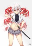  1girl bangs blue_eyes blush chrisandita commentary english_commentary eyebrows_visible_through_hair flower grey_background grey_shorts grin hair_between_eyes heterochromia holding holding_sheath holding_sword holding_weapon katana looking_at_viewer midriff navel original puffy_short_sleeves puffy_sleeves red_eyes red_flower sheath shirt short_shorts short_sleeves shorts signature simple_background smile solo sword tied_shirt unsheathing v-shaped_eyebrows weapon white_shirt 
