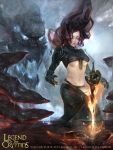  1girl artist_name black_hair breasts center_opening closed_eyes copyright_name fire gloves highres legend_of_the_cryptids long_hair midriff navel official_art open_mouth rock solo under_boob zinnadu 