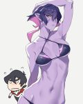  1boy 1girl arched_back armpits ban bikini black_hair collarbone erect_nipples facial_mark frown hand_behind_head highres hyakujuu-ou_golion keith_(voltron) krolia lips looking_at_viewer mother_and_son multicolored_hair navel parted_lips purple_hair purple_skin simple_background swimsuit two-tone_hair violet_eyes voltron:_legendary_defender wide_hips 