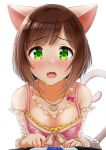  1girl animal_ears bangs blush breasts brown_hair cat_ears cat_tail cleavage cola collarbone detached_sleeves eyebrows_visible_through_hair fang green_eyes grey_ribbon highres idolmaster idolmaster_cinderella_girls idolmaster_cinderella_girls_starlight_stage jewelry kibihimi looking_at_viewer maekawa_miku medi necklace open_mouth short_hair swept_bangs tail tears 