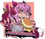  1girl anger_vein artist_name claws commission dragon_girl dragon_horns eating extra_mouth fangs food french_fries gold_teeth hamburger head_fins heart holding horns jabberwock_(monster_girl_encyclopedia) long_hair looking_at_viewer monster_girl_encyclopedia open_mouth orange_background ponytail purple_hair ramenwarwok red_eyes signature simple_background solo tentacle tray tumblr_username upper_body 