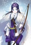  1girl ainu_clothes asirpa black_hair black_pants blue_eyes bow_(weapon) cape dress earrings floating_hair golden_kamuy hat highres holding holding_bow_(weapon) holding_weapon jewelry kayanogura long_hair looking_at_viewer pants purple_dress short_dress smile snowing solo standing weapon white_cape 