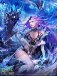  1girl artist_name bare_shoulders blue_eyes breasts cleavage copyright_name dragon fur_trim gloves ice jewelry legend_of_the_cryptids long_hair necklace official_art pink_hair sitting solo thigh-highs zinnadu 