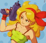  1girl blonde_hair blue_background breasts cleavage commentary crop_top curly_hair dark_persona dragon_ball dragon_ball_(classic) english_commentary eyebrows fingerless_gloves gloves green_eyes gun hairband holding holding_gun holding_weapon imi_uzi joakim_sandberg lips long_hair lunch_(dragon_ball) medium_breasts polka_dot polka_dot_background red_gloves red_hairband solo spaghetti_strap stomach submachine_gun trigger_discipline weapon 