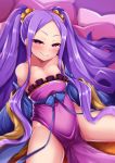  1girl bangs bare_shoulders blue_ribbon blush breasts chinese_clothes collarbone covered_navel dress fate/grand_order fate_(series) forehead hanfu highres long_hair looking_at_viewer off_shoulder parted_bangs pelvic_curtain purple_dress purple_hair ribbon scrunchie shawl sitting small_breasts smile solo spread_legs thighs twintails very_long_hair violet_eyes waist wide_sleeves wu_zetian_(fate/grand_order) yunodon_(sugar_maple) 