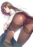 1girl ass bangs black_legwear blurry blurry_foreground brown_hair brown_panties closed_mouth commentary_request depth_of_field dress_shirt eyebrows_visible_through_hair from_behind hair_between_eyes head_tilt highres long_hair long_sleeves looking_at_viewer looking_back massan original panties panties_under_pantyhose pantyhose plaid plaid_panties red_eyes shirt simple_background skirt skirt_around_one_leg soles solo thighband_pantyhose thighs underwear undressing white_background white_shirt 