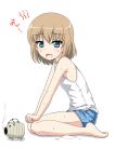  1girl bangs barefoot blonde_hair blue_eyes blue_shorts commentary eyebrows_visible_through_hair fang flipper from_side frown full_body fume girls_und_panzer hands_on_own_knees hot katyusha leaning_forward looking_at_viewer mosquito_coil open_mouth shirt short_hair short_shorts shorts simple_background sitting solo sweat tank_top wariza white_background white_shirt 