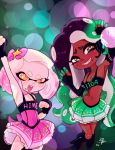  +_+ 2girls armpits bow bra cephalopod_eyes character_name commentary dark_skin elbow_gloves fingerless_gloves gloves hair_bow hime_(splatoon) iida_(splatoon) kokomi_(aniesuakkaman) makeup mascara mole mole_under_mouth multiple_girls navel_piercing octarian open_mouth piercing pink_pupils signature skirt smile splatoon splatoon_2 suction_cups tentacle_hair underwear 