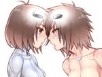  2girls android antenna_hair blush brown_eyes brown_hair commentary_request cyborg folks_(nabokof) forehead-to-forehead gally gunnm lips messy_hair multiple_girls open_mouth sechs sharp_teeth short_hair teeth white_background 