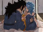  1boy 1girl barefoot blue_hair blue_kimono blush breasts brown_eyes chin_piercing couple ear_piercing fairy_tail from_behind futon gajeel_redfox hair_between_eyes hand_on_back imminent_kiss indoors japanese_clothes kimono levy_mcgarden long_hair medium_breasts nose_piercing open_clothes open_kimono parted_lips piercing ribbon rusky sideboob spiky_hair striped striped_kimono yellow_ribbon 