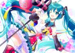  1girl 39 ;d ahoge balloon bangs bare_shoulders black_legwear blue_bow blue_eyes blue_hair blush bow commentary_request detached_sleeves dutch_angle eyebrows_visible_through_hair hair_between_eyes hair_bow hair_ornament hatsune_miku head_tilt headphones holding kashiwaba_en long_hair long_sleeves looking_at_viewer magical_mirai_(vocaloid) megaphone one_eye_closed open_mouth puffy_long_sleeves puffy_sleeves red_bow round_teeth shirt skirt sleeveless sleeveless_shirt smile solo teeth thigh-highs twintails upper_teeth very_long_hair vocaloid white_bow white_shirt 