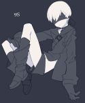  1boy black_background black_blindfold black_choker black_coat black_footwear black_gloves black_legwear black_shorts blindfold boots character_name choker covered_eyes facing_viewer full_body gloves greyscale highres long_sleeves male_focus mochizuki_kei monochrome nier_(series) nier_automata parted_lips short_shorts shorts simple_background socks solo yorha_no._9_type_s 