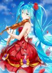  absurdres backless_dress backless_outfit blue_eyes blue_hair blue_sky bow breasts day dress floating_hair flower from_side hair_between_eyes hair_flower hair_ornament hatsune_miku highres holding holding_instrument ihachisu instrument long_hair medium_breasts multiple_girls music outdoors parted_lips petals playing_instrument red_bow red_dress red_flower red_rose rose sideboob sky sleeveless sleeveless_dress solo standing strapless strapless_dress striped striped_bow twintails very_long_hair violin vocaloid 