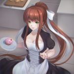  1girl absurdres alternate_costume apron breasts brown_hair character_name cleavage cleavage_cutout commentary cupcake doki_doki_literature_club enmaided food green_eyes green_nails highres ihsara10 long_hair looking_at_viewer maid monika_(doki_doki_literature_club) nail_polish plate ponytail short_sleeves smile solo v waist_apron 