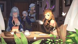  4girls ahoge bangs bare_shoulders beret blonde_hair blue_eyes blush braid breasts brown_eyes brown_hair camieux chair cleavage closed_mouth collarbone commentary_request crop_top cucouroux_(granblue_fantasy) curtains detached_sleeves draph drinking elbows_on_table eyebrows_visible_through_hair gloves granblue_fantasy hair_between_eyes hair_ornament hair_ribbon hairband hat head_wings height_difference highres indoors lamp large_breasts long_hair long_sleeves looking_at_viewer looking_to_the_side medium_breasts midriff miniskirt multiple_girls navel open_mouth ribbon short_twintails silva_(granblue_fantasy) silver_hair sitting skirt smile song_(granblue_fantasy) table teapot thigh-highs twin_braids twintails very_long_hair wasabi60 wavy_hair window wooden_floor wooden_wall 