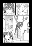  1girl 5koma absurdres alarm_clock clock closed_mouth comic commentary_request door eyebrows_visible_through_hair frown girls_und_panzer hairband hand_on_floor highres long_sleeves looking_at_viewer moku_x_moku monochrome open_door open_mouth ponytail reizei_mako shoes sitting socks table tears tile_floor tiles translation_request uwabaki wariza 